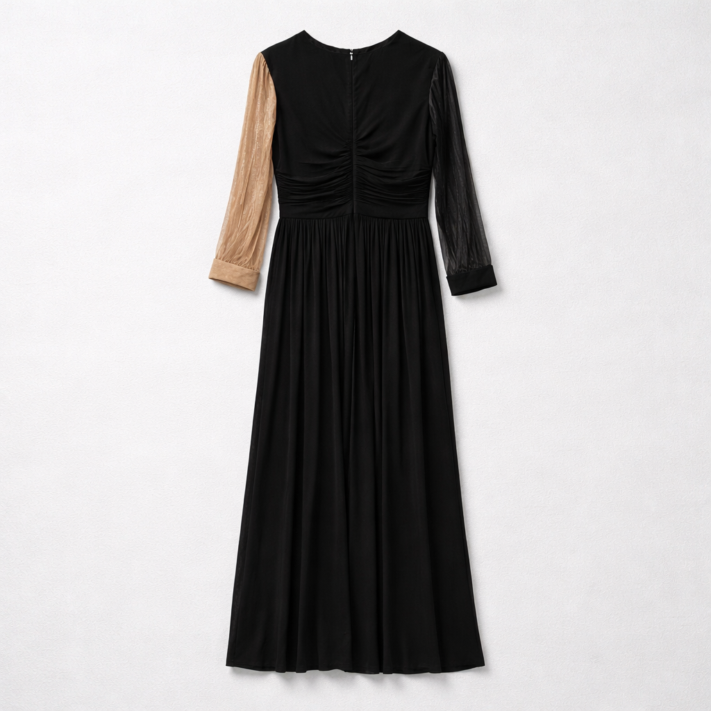 Rochie lungă din matase naturala negru–bej